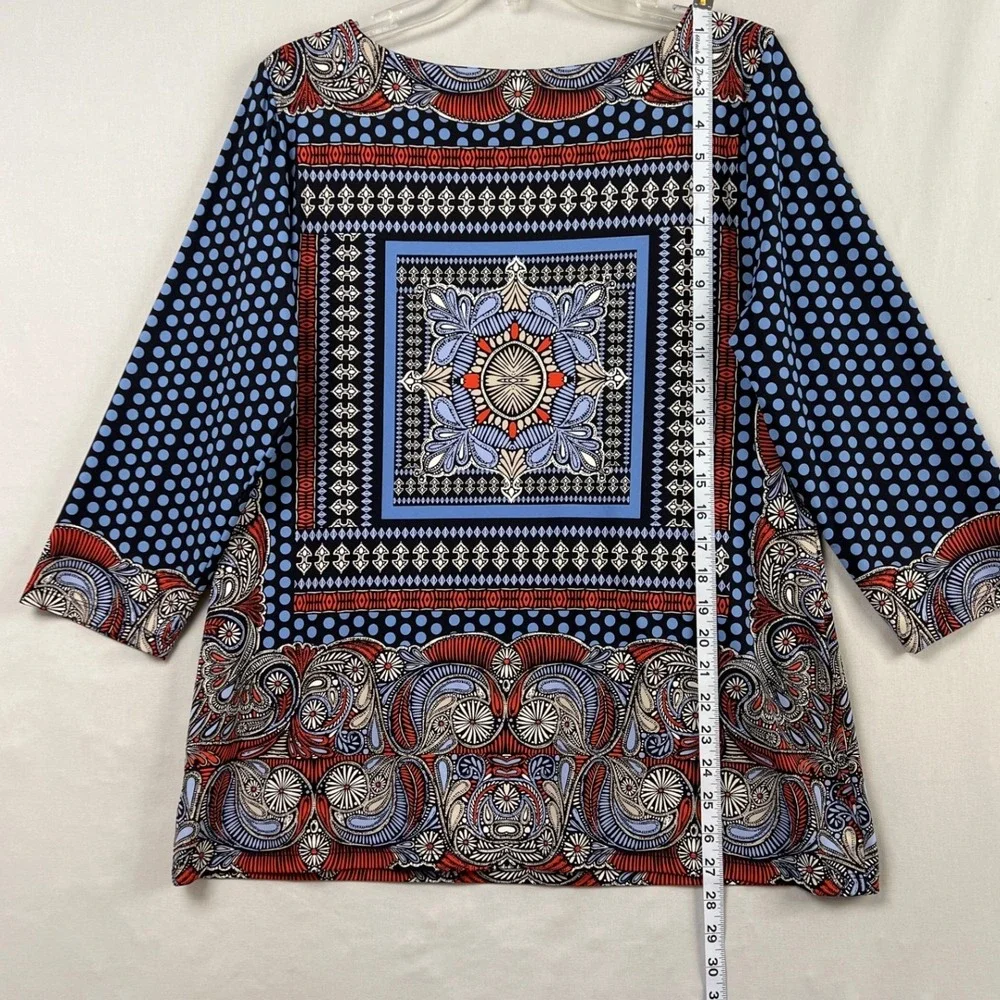 Charter Club Tunic Top Women Large Blue Red Paisley Polka Dot Stretch 3/4 Sleeve